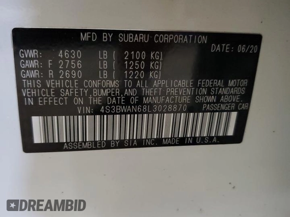 2020 Subaru Legacy Limited with VIN 4S3BWAN68L3028870, listed as a Copart auction lot 61866105 with 50,642 mi miles and Salvage title. Bid and sale history available at DreamBid. Image 12.