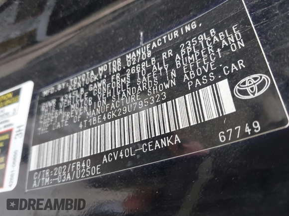 2009 Toyota Camry with VIN 4T1BE46K29U795323, listed as a IAAI auction lot 41503607 with 208,065 mi miles and . Bid and sale history available at DreamBid. Image 9.
