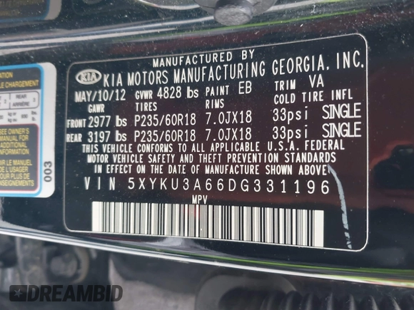 2013 Kia Sorento EX with VIN 5XYKU3A66DG331196, listed as a IAAI auction lot 42237451 with 139,250 mi miles and . Bid and sale history available at DreamBid. Image 9.