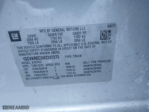 2017 Chevrolet Silverado 1500 LT with VIN 1GCVKREC3HZ307273, listed as a IAAI auction lot 41536457 with 1 mi miles. Bid and sale history available at carsss.com. Image 9.