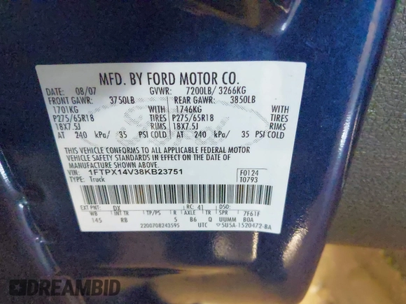 2008 Ford F-150 XLT with VIN 1FTPX14V38KB23751, listed as a IAAI auction lot 41937503 with 1 mi miles. Bid and sale history available at carsss.com. Image 9.