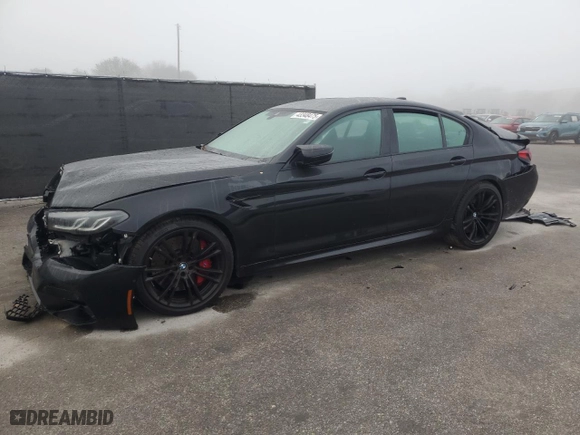 2021 BMW M5 with VIN WBS83CH04MCG09673, listed as a Copart auction lot 43348475 with 0 mi miles and Salvage Title. Bid and sale history available at carsss.com. Image 1.