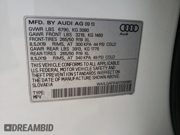 2014 Audi Q7 3.0T Premium Plus with VIN WA1LGAFE4ED005861, listed as a Copart auction lot 45318915 with 0 mi miles and Salvage Title. Bid and sale history available at carsss.com. Image 14.