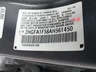 2010 Honda Civic LX with VIN 2HGFA1F58AH561450, listed as a IAAI auction lot 42155330 with 108,569 mi miles and . Bid and sale history available at DreamBid. Image 9.
