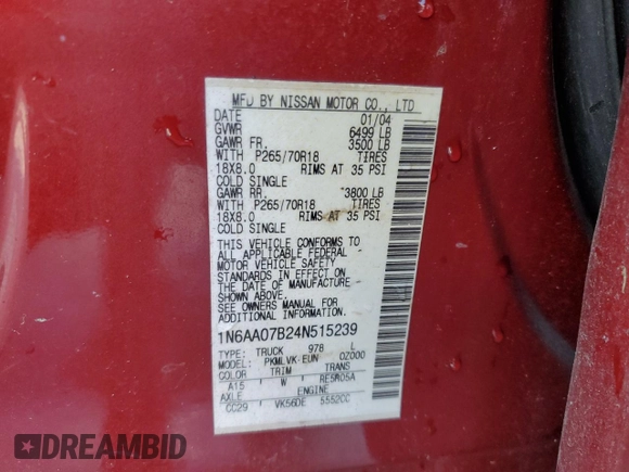 2004 Nissan Titan LE z VIN 1N6AA07B24N515239, wystawiony jako Copart lot #54713705 z przebiegiem 291 421 mil mil oraz Szkoda całkowita • Salvage title. Historia ofert i sprzedaży dostępna na DreamBid. Obrazek 12.