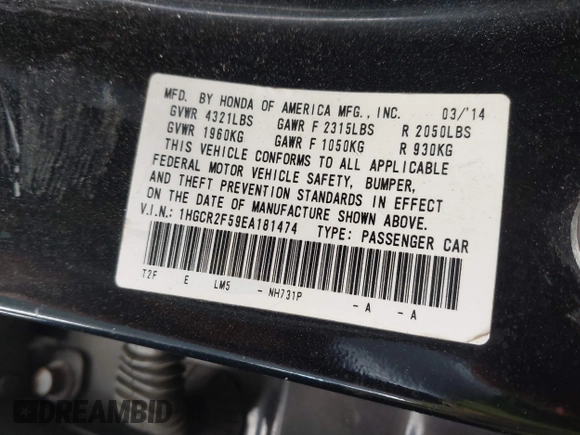 2014 Honda Accord Sport with VIN 1HGCR2F59EA181474, listed as a IAAI auction lot 41872579 with 124,252 mi miles and . Bid and sale history available at carsss.com. Image 9.
