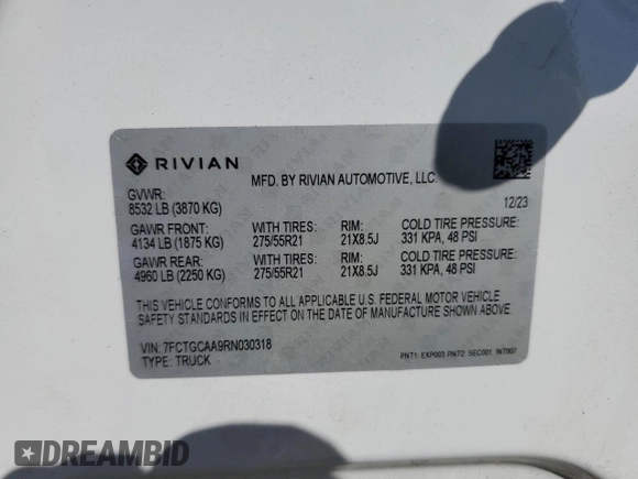 2024 Rivian R1T Adventure z VIN 7FCTGCAA9RN030318, wystawiony jako Copart lot #77036474 z przebiegiem 3 522 mil mil oraz Szkoda całkowita • Salvage title. Historia ofert i sprzedaży dostępna na DreamBid. Obrazek 15.