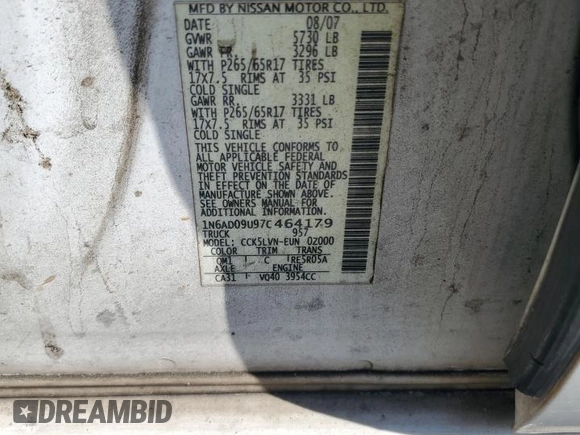 2007 Nissan Frontier SE with VIN 1N6AD09U97C464179, listed as a Copart auction lot 62142395 with 294,908 mi miles and Salvage title. Bid and sale history available at DreamBid. Image 12.