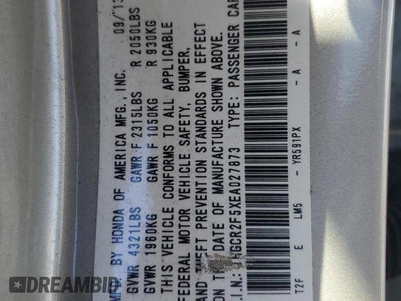 2014 Honda Accord Sport with VIN 1HGCR2F5XEA027873, listed as a Copart auction lot 53905295 with 112,097 mi miles and Salvage Title. Bid and sale history available at DreamBid. Image 13.