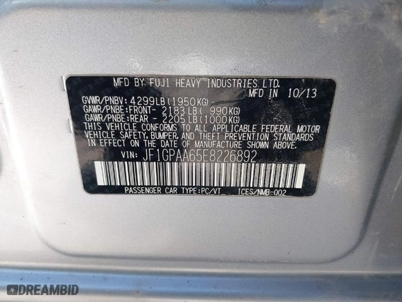 2014 Subaru Impreza Wagon 2.0i with VIN JF1GPAA65E8226892, listed as a IAAI auction lot 41576463 with 76,784 mi miles. Bid and sale history available at carsss.com. Image 9.