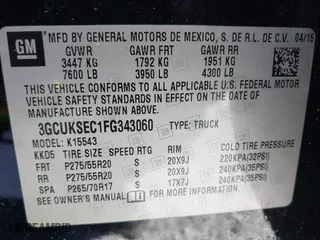 2015 Chevrolet Silverado 1500 LTZ with VIN 3GCUKSEC1FG343060, listed as a IAAI auction lot 42043989 with 157,645 mi miles. Bid and sale history available at carsss.com. Image 9.
