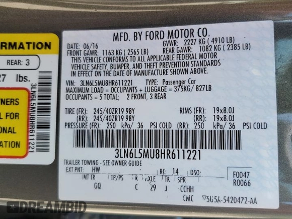 2017 Lincoln MKZ Hybrid Reserve with VIN 3LN6L5MU8HR611221, listed as a Copart auction lot 63391735 with 154,584 mi miles and Clean title. Bid and sale history available at DreamBid. Image 12.