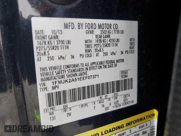 2014 Ford Expedition Max Limited with VIN 1FMJK2A51EEF07371, listed as a Copart auction lot 61526975 with 237,952 mi miles and Salvage title. Bid and sale history available at DreamBid. Image 13.