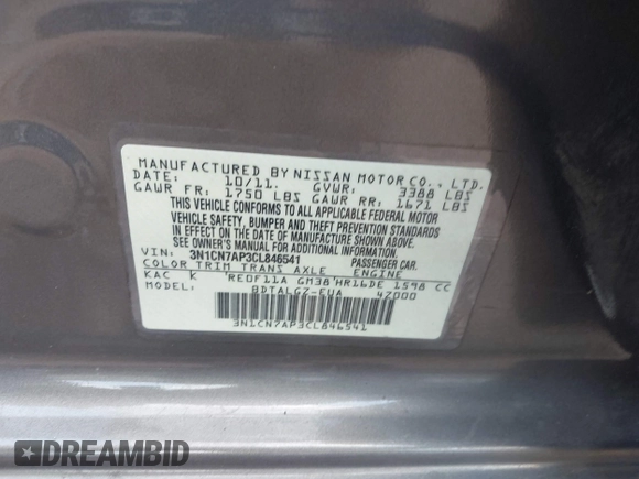 2012 Nissan Versa S z VIN 3N1CN7AP3CL846541, wystawiony jako IAAI lot #42542076 z przebiegiem 140 409 mil mil oraz . Historia ofert i sprzedaży dostępna na DreamBid. Obrazek 9.