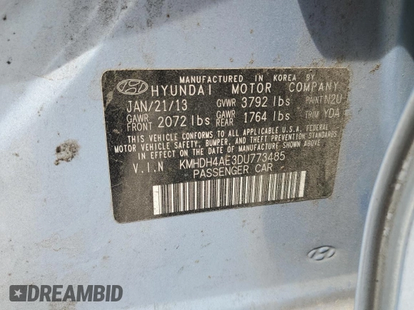 2013 Hyundai Elantra Limited with VIN KMHDH4AE3DU773485, listed as a Copart auction lot 53815265 with Not Provided miles and Salvage Title. Bid and sale history available at DreamBid. Image 15.