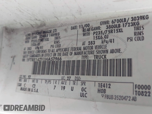 2001 Ford Econoline Cargo with VIN 1FTRE14211HA57966, listed as a IAAI auction lot 42207750 with 239,936 mi miles and . Bid and sale history available at DreamBid. Image 9.