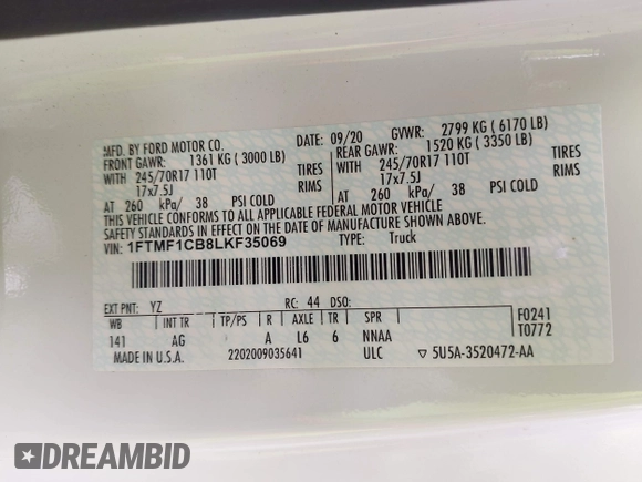 2020 Ford F-150 XL z VIN 1FTMF1CB8LKF35069, wystawiony jako IAAI lot #42332865 z przebiegiem 73 452 mil mil oraz . Historia ofert i sprzedaży dostępna na DreamBid. Obrazek 9.