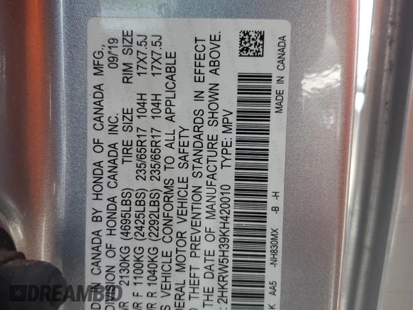 2019 Honda CR-V LX with VIN 2HKRW5H39KH420010, listed as a Copart auction lot 50635135 with 80,478 mi miles and Salvage Title. Bid and sale history available at DreamBid. Image 14.