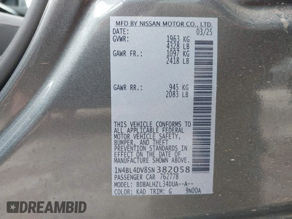 2025 Nissan Altima SV z VIN 1N4BL4DV8SN382058, wystawiony jako IAAI lot #42188230 z przebiegiem 4 577 mil mil oraz . Historia ofert i sprzedaży dostępna na DreamBid. Obrazek 9.