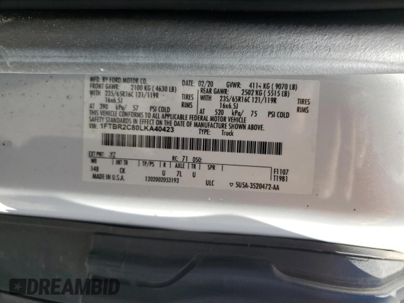 2020 Ford Transit Cargo with VIN 1FTBR2C80LKA40423, listed as a Copart auction lot 44417755 with 165,857 mi miles and Salvage Title. Bid and sale history available at DreamBid. Image 12.
