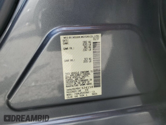 2015 Nissan LEAF S with VIN 1N4AZ0CP9FC324158, listed as a Copart auction lot 54945665 with 79,452 mi miles and Salvage Title. Bid and sale history available at DreamBid. Image 13.