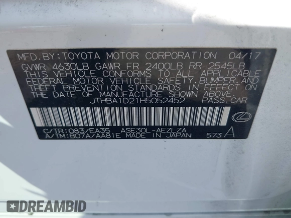 2017 Lexus IS with VIN JTHBA1D21H5052452, listed as a IAAI auction lot 41881476 with 60,045 mi miles. Bid and sale history available at carsss.com. Image 9.