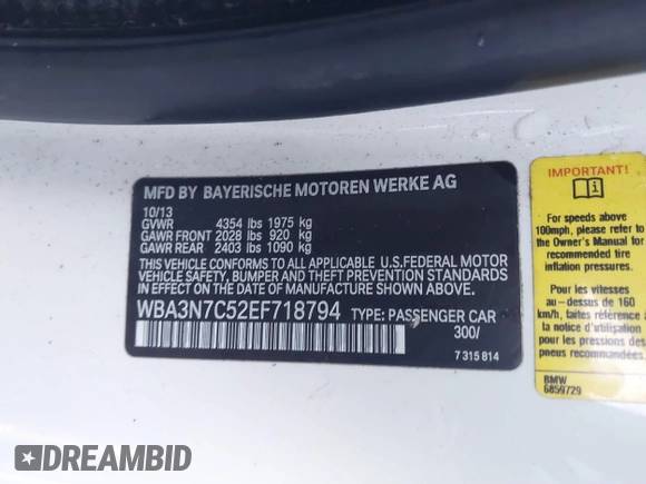 2014 BMW 4 Series 428i with VIN WBA3N7C52EF718794, listed as a IAAI auction lot 41416632 with 179,681 mi miles and . Bid and sale history available at carsss.com. Image 9.