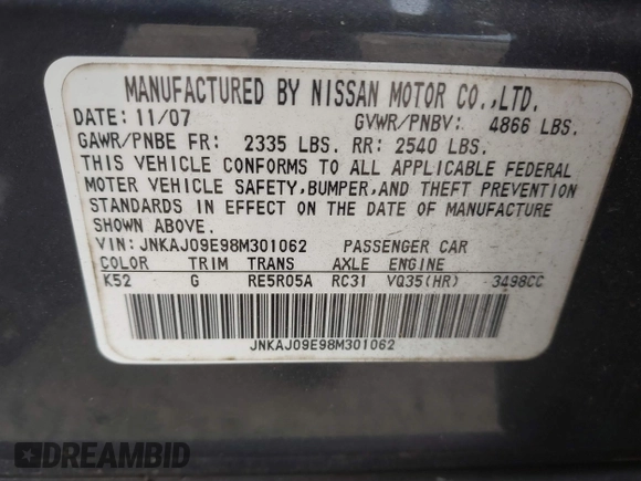 2008 Infiniti EX Journey with VIN JNKAJ09E98M301062, listed as a IAAI auction lot 41791754 with 251,117 mi miles and . Bid and sale history available at DreamBid. Image 9.