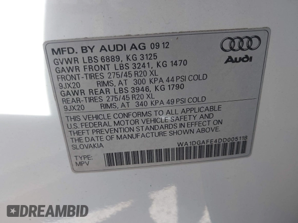 2013 Audi Q7 S line Prestige z VIN WA1DGAFE4DD005118, wystawiony jako IAAI lot #42093205 z przebiegiem 102 409 mil mil oraz . Historia ofert i sprzedaży dostępna na DreamBid. Obrazek 9.