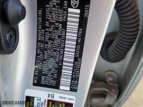 2008 Toyota Avalon XL with VIN 4T1BK36B18U315807, listed as a Copart auction lot 48535685 with 87,533 mi miles and Salvage Title. Bid and sale history available at carsss.com. Image 12.