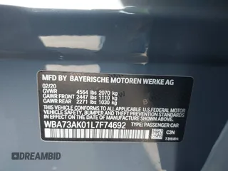 2020 BMW 2 Series 228i xDrive with VIN WBA73AK01L7F74692, listed as a IAAI auction lot 41424740 with 54,175 mi miles and . Bid and sale history available at DreamBid. Image 9.