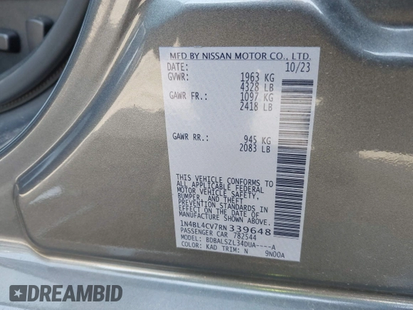 2024 Nissan Altima 2.5 SR with VIN 1N4BL4CV7RN339648, listed as a IAAI auction lot 41833311 with 18,200 mi miles. Bid and sale history available at carsss.com. Image 9.