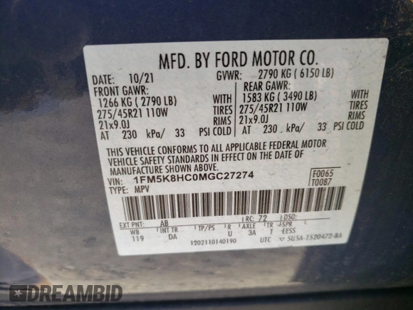 2021 Ford Explorer Platinum with VIN 1FM5K8HC0MGC27274, listed as a Copart auction lot 47003315 with 43,333 mi miles and Salvage Title. Bid and sale history available at carsss.com. Image 14.