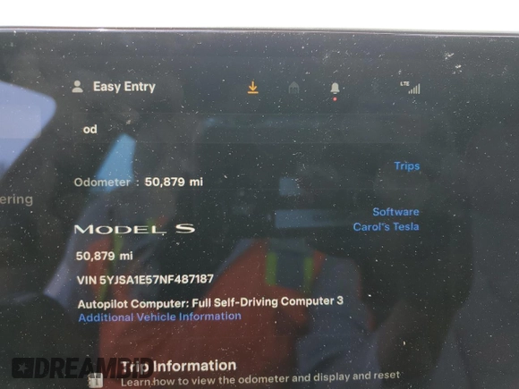 2022 Tesla Model S z VIN 5YJSA1E57NF487187, wystawiony jako Copart lot #58295845 z przebiegiem 50 879 mil mil oraz Szkoda całkowita • Salvage title. Historia ofert i sprzedaży dostępna na DreamBid. Obrazek 9.