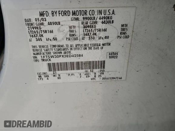 2003 Ford F-350 with VIN 1FTSW30PX3ED42584, listed as a Copart auction lot 48906765 with 2,910,455 mi miles and Clean title. Bid and sale history available at DreamBid. Image 12.