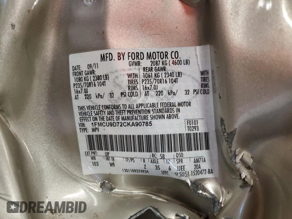 2012 Ford Escape XLT with VIN 1FMCU9D72CKA90785, listed as a Copart auction lot 56054135 with Not provided miles and Salvage title. Bid and sale history available at DreamBid. Image 13.