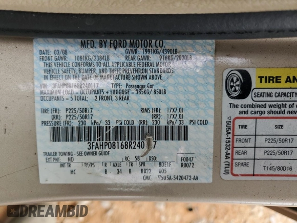 2008 Ford Fusion SEL with VIN 3FAHP08168R240117, listed as a Copart auction lot 54148595 with 0 mi miles and Salvage Title. Bid and sale history available at carsss.com. Image 12.