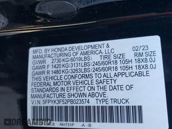 2023 Honda Ridgeline RTL with VIN 5FPYK3F52PB023574, listed as a Copart auction lot 44419565 with 15,205 mi miles and Salvage title. Bid and sale history available at DreamBid. Image 14.