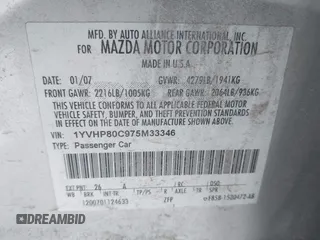 2007 Mazda Mazda6 i Sport VE with VIN 1YVHP80C975M33346, listed as a IAAI auction lot 41450897 with 226,966 mi miles. Bid and sale history available at carsss.com. Image 9.