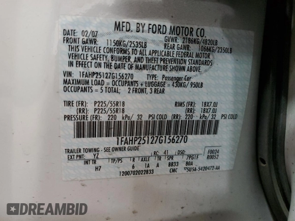 2007 Ford Five Hundred Limited with VIN 1FAHP25127G156270, listed as a Copart auction lot 57821885 with 45,796 mi miles and Salvage title. Bid and sale history available at DreamBid. Image 12.