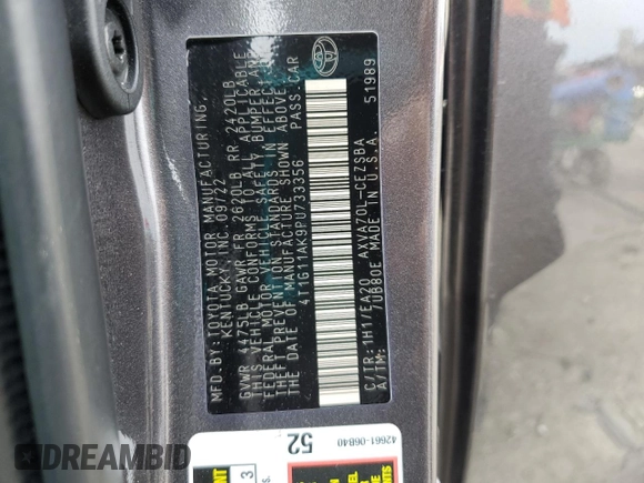 2023 Toyota Camry SE with VIN 4T1G11AK9PU733356, listed as a Copart auction lot 41980075 with 46,117 mi miles and Salvage Title. Bid and sale history available at DreamBid. Image 13.