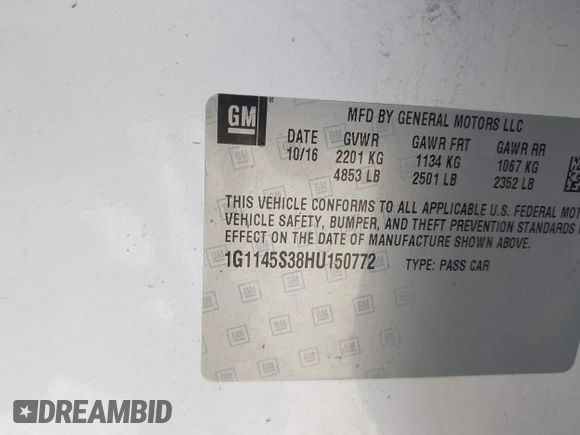 2017 Chevrolet Impala Premier with VIN 1G1145S38HU150772, listed as a IAAI auction lot 41987412 with 163,587 mi miles and . Bid and sale history available at DreamBid. Image 9.