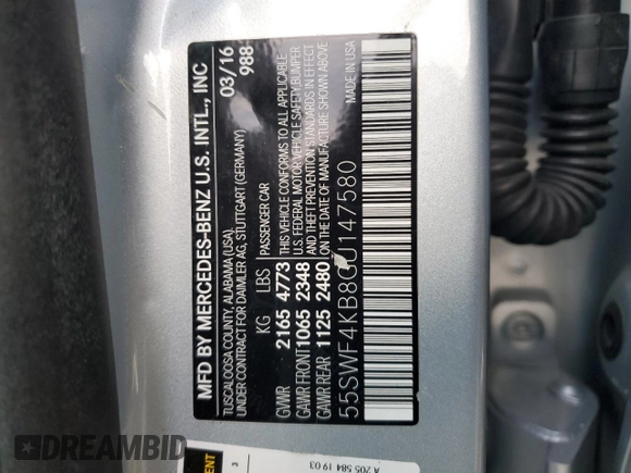 2016 Mercedes-Benz C 300 Luxury with VIN 55SWF4KB8GU147580, listed as a Copart auction lot 87347924 with Not Provided miles and Salvage Title. Bid and sale history available at DreamBid. Image 14.
