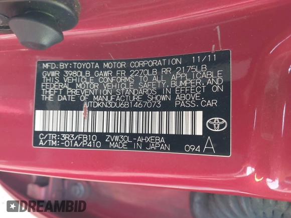 2011 Toyota Prius I with VIN JTDKN3DU6B1467073, listed as a IAAI auction lot 41936439 with 283,623 mi miles. Bid and sale history available at carsss.com. Image 9.