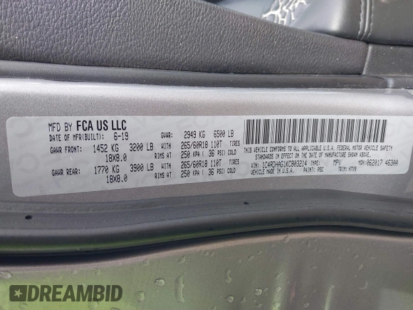2019 Dodge Durango SXT Plus with VIN 1C4RDHAG1KC803214, listed as a IAAI auction lot 41541361 with 85,113 mi miles and . Bid and sale history available at DreamBid. Image 9.