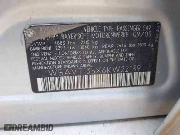 2006 BMW 3 Series 325xi with VIN WBAVT135X6KW22139, listed as a IAAI auction lot 42780030 with 222,216 mi miles and . Bid and sale history available at DreamBid. Image 9.