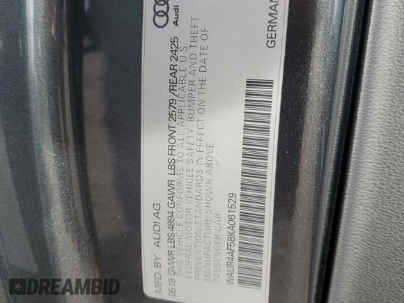 2019 Audi S5 Prestige z VIN WAUR4AF58KA061529, wystawiony jako Copart lot #85238534 z przebiegiem 51 373 mil mil oraz Szkoda całkowita • Salvage title. Historia ofert i sprzedaży dostępna na DreamBid. Obrazek 12.