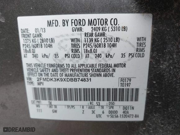 2013 Ford Edge Limited with VIN 2FMDK3K9XDBB74831, listed as a IAAI auction lot 41838562 with 151,106 mi miles. Bid and sale history available at carsss.com. Image 9.