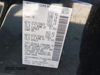 2014 Nissan Pathfinder S with VIN 5N1AR2MMXEC726646, listed as a IAAI auction lot 42729339 with 125,225 mi miles and . Bid and sale history available at DreamBid. Image 9.