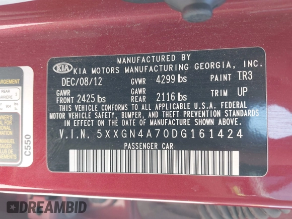 2013 Kia Optima EX with VIN 5XXGN4A70DG161424, listed as a IAAI auction lot 42084131 with 248,358 mi miles. Bid and sale history available at carsss.com. Image 9.